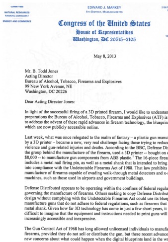 Markey Letter to ATF re: Printed Guns